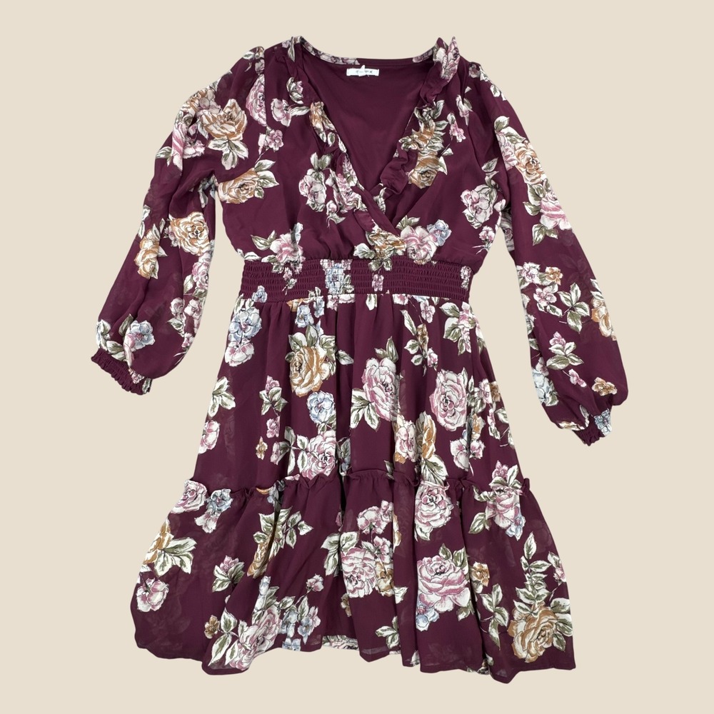 Maurices Womens Burgundy Floral Chiffon Smocked Waist Ruffle Mini Dress Small